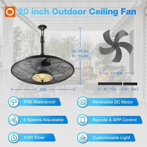 Outdoor Ceiling Fan With Light For Patios And Pergolas, 20-Inch IP65 waterproof gazebo fan with remote, 6 speeds, 3-CCT dimmable lighting