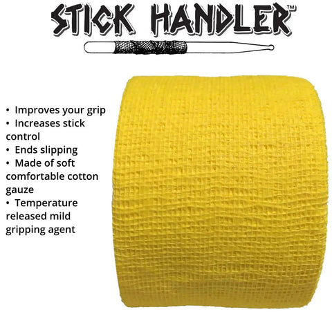 Don't Sleep On This Kickass Drumstick Grip Tape, Anti Slip Cotton Gauze Wraps, Pro Level Stick Control, Ten Pack Yellow Drummer Hand Grips For Snare And Bass Drums Made In Usa, close-up of yellow cotton gauze wrap.