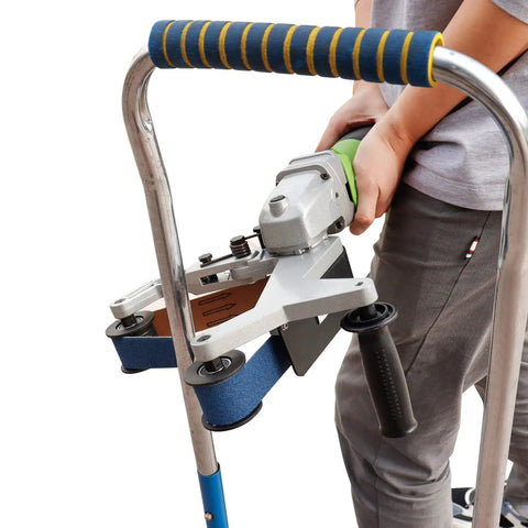 Person using 110V 800W Pipe And Tube Polisher With Stainless Round Sander, 360 Degree Rotation, 6 Speed Adjustable, on metal tubing