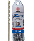 V-Groove Tile Drill Bits 1/4 Inch By 4 Inch Carbide Tipped 25 Pack, package and single drill bit beside container