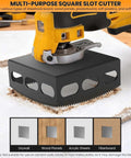 Front view of black square-slot drywall outlet cutter attached to a yellow oscillating tool.