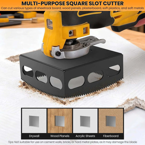 Front view of black square-slot drywall outlet cutter attached to a yellow oscillating tool.