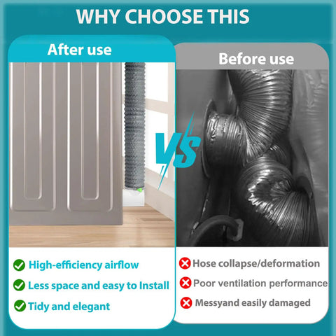 Comparison of Tight Space Dryer Vent Hose Kit with 90 Degree Elbow and 8ft Flexible Hose showing before and after use results.