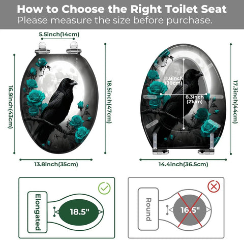 Elongated Toilet Seat Resin for Bathroom showing measurement guide with designs, dimensions for installation, ideal for elongated toilets.