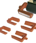 No Lift Wheel Stoppers For Rolling Furniture Bed And Furniture Stopper Keeps Your Bed From Sliding No Lifting Required Heavy Duty Caster Cups Solid Rubber 4 Pack Brown shown with rolling wheel.
