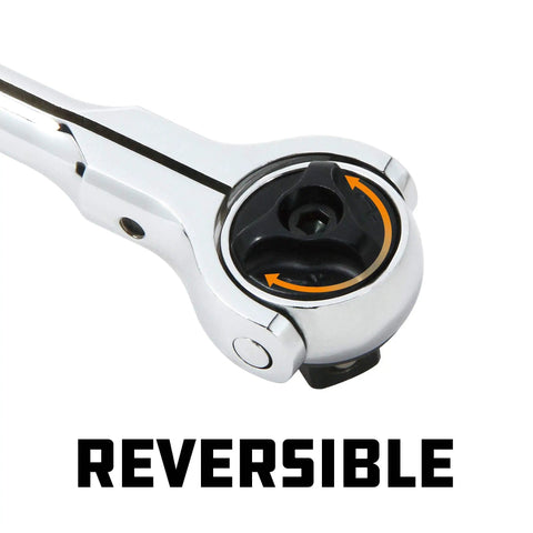 Close-up of Swivel Head Three Eighths Inch Drive Ratchet Rotating 72 Tooth Mechanism showing 270 Degree Head Turn