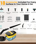 18 accessories included for Upgraded Handheld Steam Cleaner 1.9Qt Big Tank Heats In Eight Seconds for home and auto detailing.