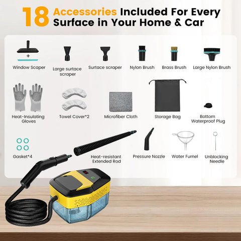 18 accessories included for Upgraded Handheld Steam Cleaner 1.9Qt Big Tank Heats In Eight Seconds for home and auto detailing.