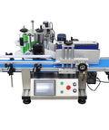 High Speed Automatic Round Bottle Labeling Machine With Desktop Conveyor Setup viewed from the side, showcasing encoder and touchscreen controls.