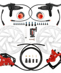4-piston hydraulic e-bike brake kit with red calipers and 2 180mm rotors, DOT 4 filled, includes levers and hardware