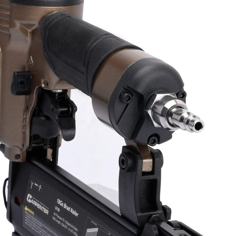 Close-up of Heavy Duty Pneumatic Brad Nailer showcasing air connector and depth adjustment features for precision carpentry.