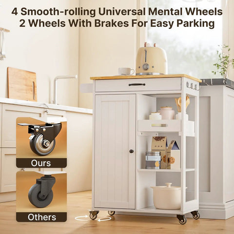 Smooth Rolling Kitchen Island Cart With Solid Wood Counter And Ample Storage Cabinet Featuring Removable Tray Heavy Duty Rolling Cart For Tight Kitchens And Apartments Pretty Darn Spacious
