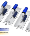 Pro Grade Tile Trowel Kit With Stainless Steel Square Notched Trowels 3 Piece Set Plus Margin Trowel For Wall And Floor Tile Installation Ergonomic Handles Aluminum Shank No Rivets Durable Masonry Tools shown in various sizes with handle details.
