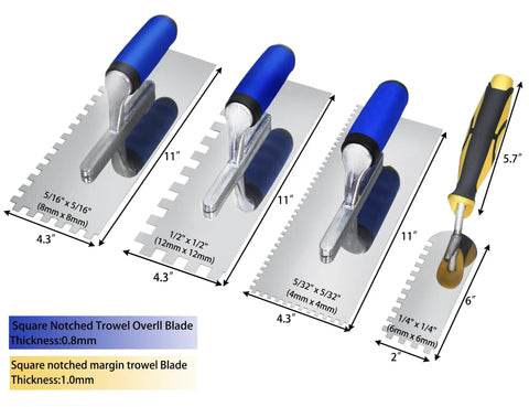Pro Grade Tile Trowel Kit With Stainless Steel Square Notched Trowels 3 Piece Set Plus Margin Trowel For Wall And Floor Tile Installation Ergonomic Handles Aluminum Shank No Rivets Durable Masonry Tools shown in various sizes with handle details.