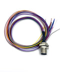 M12 12 Pin A Coded Male Connector Cable IP67 Waterproof Back Mount Unshielded, straight view with multicolored wires, 0.5 meter