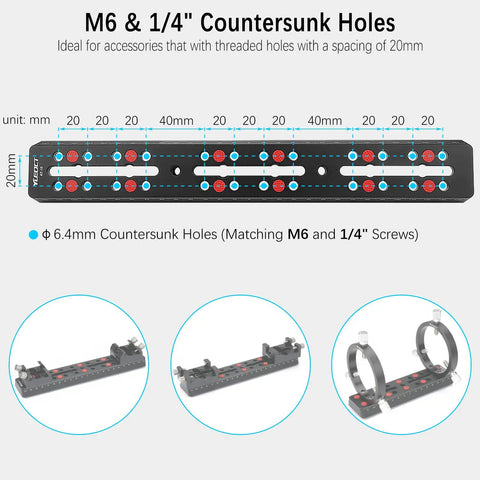 Diagram of Vixen Style Dovetail Telescope Rail Bar Mounting Plate With Long Slots showing M6 and 1/4 inch countersunk holes layout