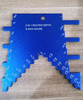 2 In 1 Router Depth And Saw Gauge For Woodworking Pro Grade Aluminum Step Depth Gauge with laser engraved readouts on wooden background