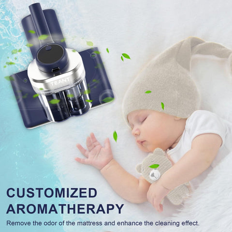 Mattress Vacuum Cleaner With UV C Light And Ultrasonic Tech Hyper Helix Motor Delivers Beast Mode Suction near sleeping baby