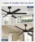 56 Inch Ceiling Fan With Lights And Remote Reversible 6 Blade DC Motor Dimmable 3000K To 6000K LED in black on flat and slope ceiling