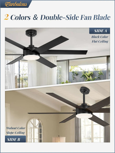 56 Inch Ceiling Fan With Lights And Remote Reversible 6 Blade DC Motor Dimmable 3000K To 6000K LED in black on flat and slope ceiling