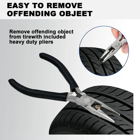 20 Piece Tubeless Tire Repair Kit With Screw In Rubber Nails And Heavy Duty Pliers Solid No Fuss Emergency Roadside Patch For Cars Trucks And Motorcycles Straight To The Fix, heavy duty pliers gripping a tire.