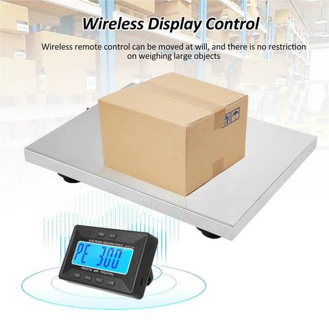Commercial Grade Digital Shipping Scale With Wireless Display And Bullyproof Stainless Steel Platform 992 Lb Heavy Duty Postal Scale weighing a box.