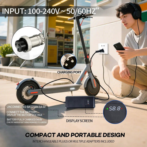 58.8V 4A Super Fast Charger For Electric Bikes And Scooters 48V To 52V Li-ion Battery Charger in use with scooter