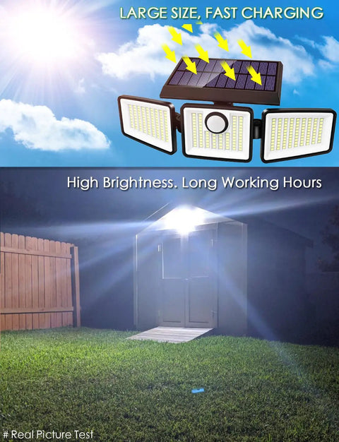 3 Head Solar Motion Sensor Flood Light With 270 Degree Wide Angle IP65 Waterproof Wall Mount charging and illuminating garden