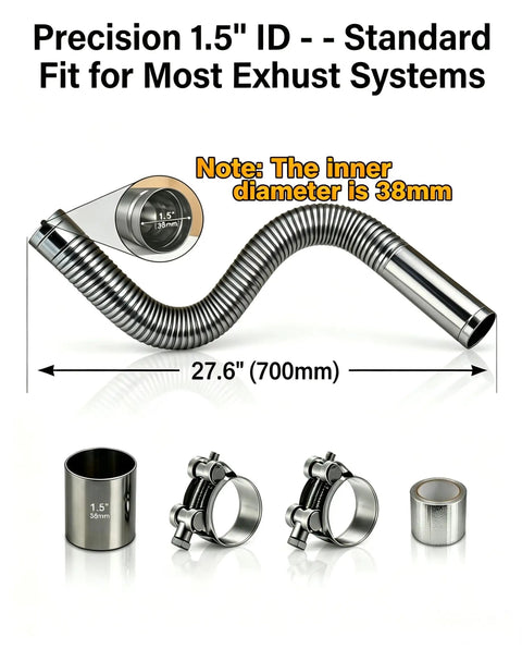 Flexible Stainless Steel Exhaust Tubing 1.5 In ID X 27.6 In Laser Welded Flex Pipe Kit With Coupler, Clamps And Sealing Tape