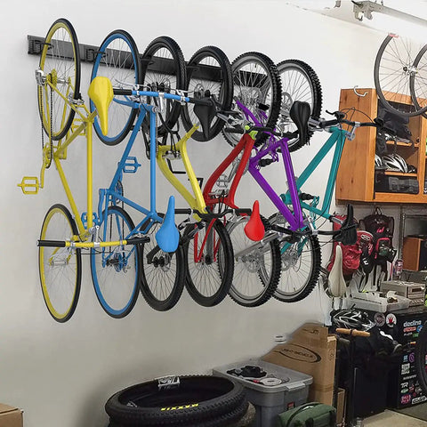 Six Bike Wall Mount Storage Rack With Interlocking Rails And Easy Snap Hooks For Indoor Garage Space Saving Vertical Bicycle Holder displaying six bikes
