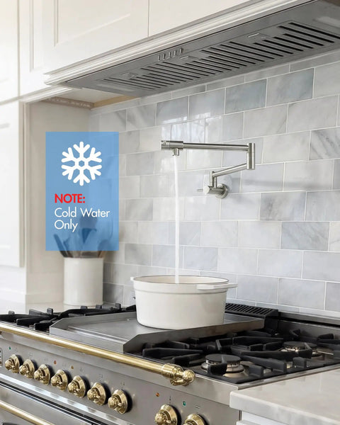 Built Tough Pot Filler Faucet For Modern Kitchens Featuring Brushed Nickel Finish Wall Mounted Over Stove With Patent Pending Drip Free Design And Rock Solid 24 Inch Swivel Reach pouring cold water into a white pot.