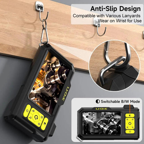 1080P HD Endoscope With Light 4.3 Inch IPS Display shown with anti-slip design and lanyard compatibility. Great for tight spaces.