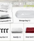 Components of Two Person Waterproof And Windproof Camping Tent including stakes, poles, storage bag, guy lines, rainfly, inner tent