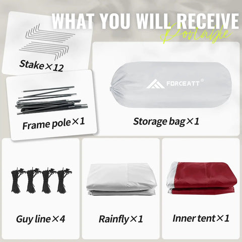 Components of Two Person Waterproof And Windproof Camping Tent including stakes, poles, storage bag, guy lines, rainfly, inner tent