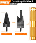 TYRWEEY Case Prep Multitool 6-in-1 with outside and VLD inside deburring tools, orange knurled handle.