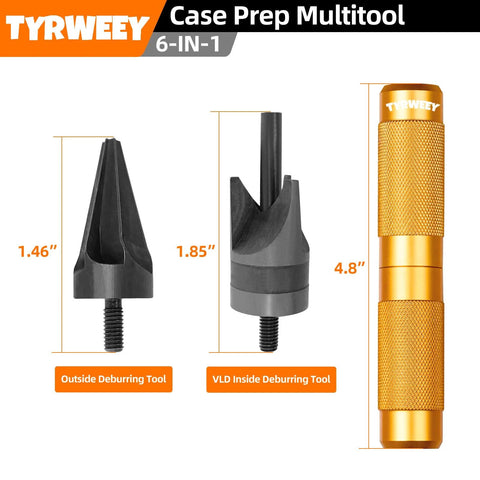 TYRWEEY Case Prep Multitool 6-in-1 with outside and VLD inside deburring tools, orange knurled handle.