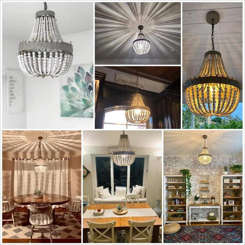 Wood Bead Chandelier Pendant For Boho Beachy Vibe Living Room Lighting in various settings and angles, showcasing design and lighting effect.