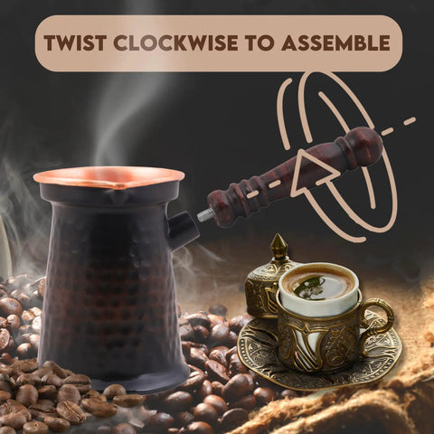 Antique Copper Turkish Greek Arabic Coffee Pot With Wooden Handle Cezve Ibrik Briki Stovetop Coffee Maker showing twist assembly.
