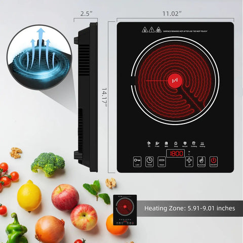 Portable 1800W Electric Cooktop With LED Touch Screen Single Burner Stove dimensions and power levels with fresh produce