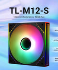 120mm ARGB CPU Cooler Case Fan With Side Mirror Light, PWM 4-Pin Connector, Silent S-FDB Bearing, showcasing colorful lighting.