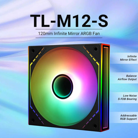 120mm ARGB CPU Cooler Case Fan With Side Mirror Light, PWM 4-Pin Connector, Silent S-FDB Bearing, showcasing colorful lighting.