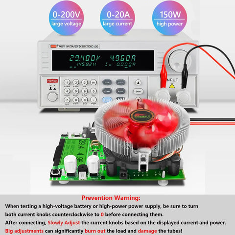 Beefy Electronic Load Tester USB Power Test Rig 150W 200V 20A resistor load module with display, cooling fan, and test leads
