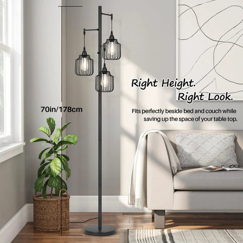 Dimmer Floor Lamp With 3X 800LM LED Edison Bulbs, Tall Standing Corner Lamp In Farmhouse Black, Industrial Rustic Vintage Tree Pole Light With Cage, Perfect For Living Room, Bedroom And Office To Set The Vibe