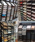 Heavy Duty Floor Tile Display Rack And Sample Organizer Shelf featuring multiple shelves holding various tile samples.
