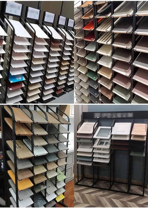 Heavy Duty Floor Tile Display Rack And Sample Organizer Shelf featuring multiple shelves holding various tile samples.