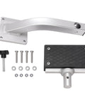 Universal 90-degree trolling motor bracket kit with aluminum curved arm, deck-mount plate, and mounting hardware.