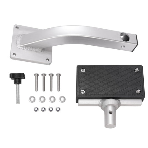 Universal 90-degree trolling motor bracket kit with aluminum curved arm, deck-mount plate, and mounting hardware.