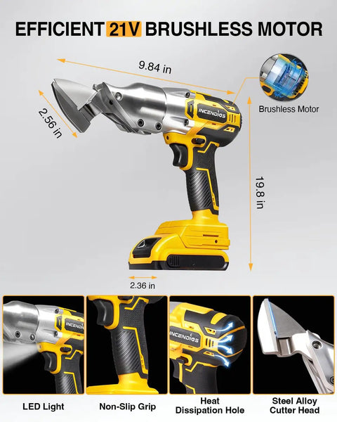 Get Cordless Freedom With This Awesome Metal Shear, Battery Powered By DeWalt 20V Max For Easy Cuts, Tool Only Design Fits Various Models Like Dcb200 And More, Perfect For Pros On The Go Who Want Quick Results Without Hassle. Close-up of brushless motor metal shear with LED light and non-slip grip.