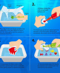 Illustrated instructions for Water Gel Elf Kit For Kids With 12 Color Magic Gels And 12 Shape Molds DIY STEM Aqua Kit, showing mixing and molding steps.