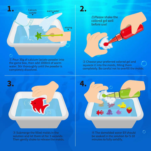 Illustrated instructions for Water Gel Elf Kit For Kids With 12 Color Magic Gels And 12 Shape Molds DIY STEM Aqua Kit, showing mixing and molding steps.